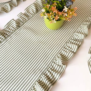 Easter table runner in fresh green stripes, seasonal dining decor perfect for spring gatherings and holiday entertaining.