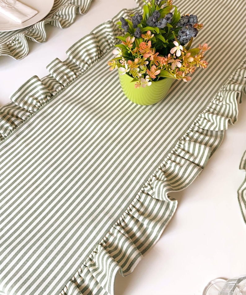 Easter table runner in fresh green stripes, seasonal dining decor perfect for spring gatherings and holiday entertaining.