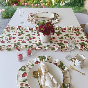 Strawberry Table Runner, Ruffled Linen Runner, Spring Dining Decor, French Farmhouse Kitchen, Waterproof Wedding Linens
