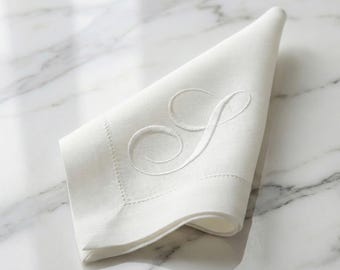Monogrammed Linen Napkins, Embroidered Hemstitch, Custom Hostess Gift