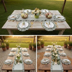 Peut inclure: Une table de salle &agrave; manger ext&eacute;rieure joliment dress&eacute;e avec des assiettes blanches, des couverts dor&eacute;s et des sets de table &agrave; rayures vertes et blanches. La table est d&eacute;cor&eacute;e de centres de table floraux et d'un chemin de table assorti.