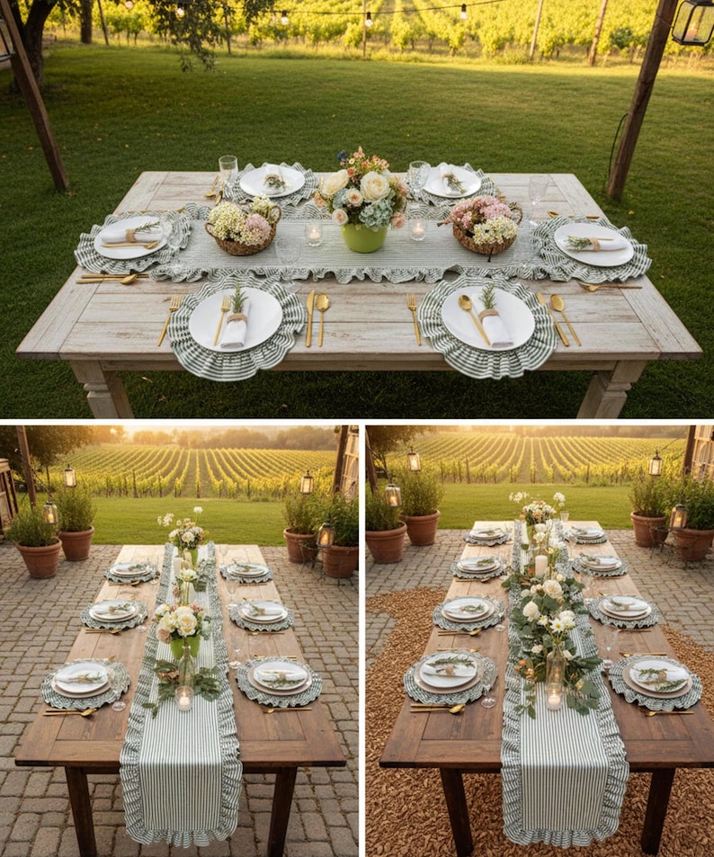 Peut inclure: Une table de salle &agrave; manger ext&eacute;rieure joliment dress&eacute;e avec des assiettes blanches, des couverts dor&eacute;s et des sets de table &agrave; rayures vertes et blanches. La table est d&eacute;cor&eacute;e de centres de table floraux et d'un chemin de table assorti.