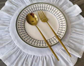 White Linen Ruffled Placemat – Handmade round placemat for wedding placemat,  French placemats, custom placemats,