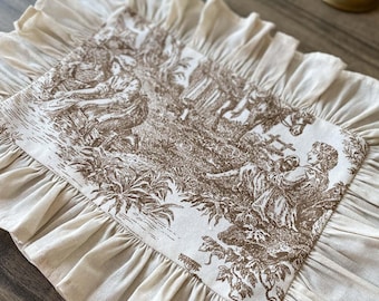 Toile Placemats Set of 6 – Ruffled French Linen, Embroidered Farmhouse
