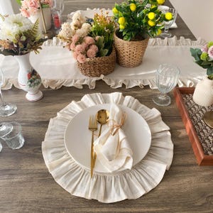 Ruffled Round Placemat Cream Linen Farmhouse, Single Ruffle Edge Table Mat, Washable Dining Decor, Boho Wedding Table