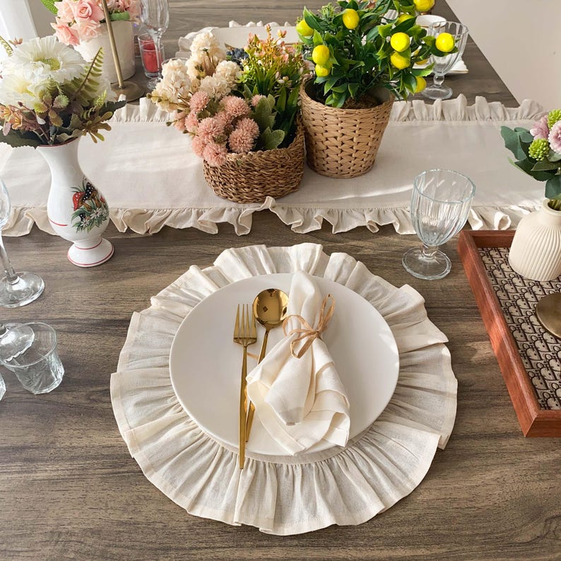 Round ruffled linen placemat with elegant embroidered edge, perfect for wedding dining and farmhouse table decor, handmade waterproof design