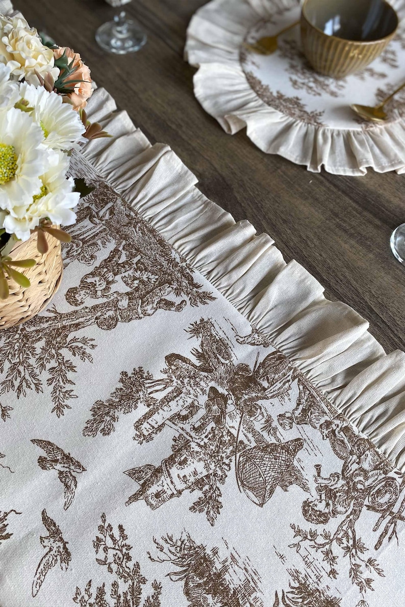 Linen Ruffle Table Runner French Table Runner Toile Ruffle Custom - Wedding Farmhouse Decor ...