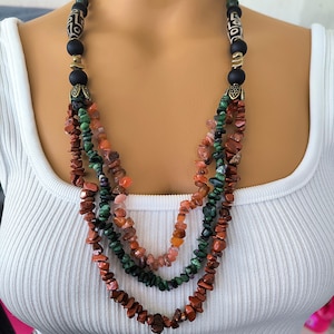 Colorful Red and Green statement mom gift chunky gemstone wedding necklace Large multistrand necklace birthday Jasper summer bead necklace