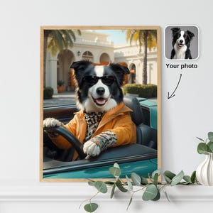Cool hondenportret aangepaste huisdier kunst stijlvolle hond in auto grappig huisdier kostuum print trendy hond muurdecoratie uniek cadeau voor hondenliefhebbers