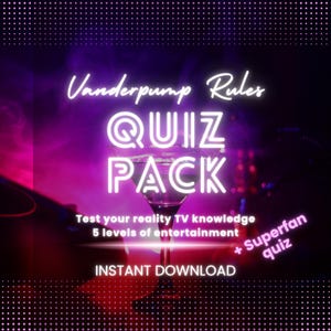 Könnte beinhalten: Eine pink- und lilafarbene Grafik mit dem Text "Vanderpump Rules QUIZ PACK" in neongelben Buchstaben. Die Grafik enthält auch den Text "Test your reality TV knowledge 5 levels of entertainment + Superfan quiz" und "INSTANT DOWNLOAD".