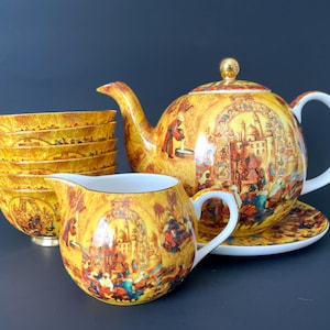 Vintage Fine Porcelain Tea Set – Teapot, Cups, Creamer, Plate with Traditional Asian Pattern