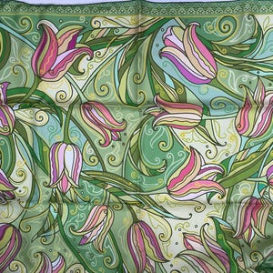 Vintage Green Floral Silk Scarf Made in Italy – Elegant Italian Designer Neck Scarf – Botanical Print Square Wrap