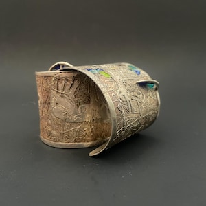 Vintage Central Asian Hand Carved Cupronickel Cuff Bracelets – Ethnic Tribal Bangles – Traditional Folk Jewelry Set of 2.