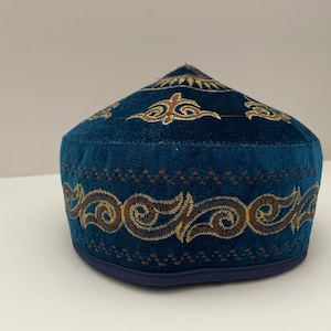 Handmade Turquoise Velvet Asian Hat | Embroidered Unisex Cap | Handknitted Central Asian Headwear for Men & Women