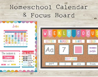 SVG drucken und schneiden Homeschool Kalender, Fokustafel, DIY Kit für Vorschule oder Kindergarten, Sicht Wörter, Zahlen, Buchstaben, Monate etc.