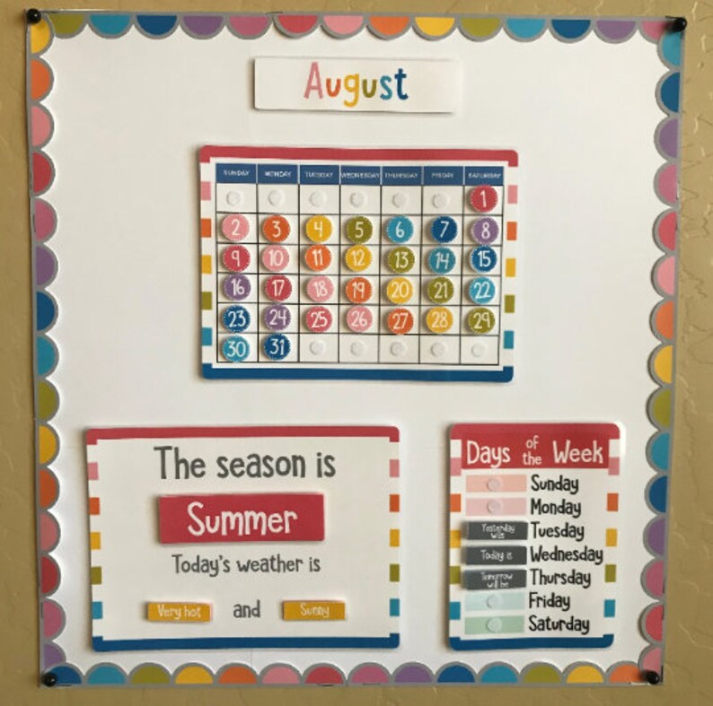 May include: A colourful August calendar with a white background and a blue border. The calendar has a white circle for each day of the month, with a number in the centre. The numbers are in different colours. Below the calendar, there is a sign that says "The season is Summer." Below that, there is a sign that says "Today's weather is" with two blank spaces for the temperature and the weather condition. To the right of the calendar, there is a sign that says "Days of the Week" with the days of the week listed below.