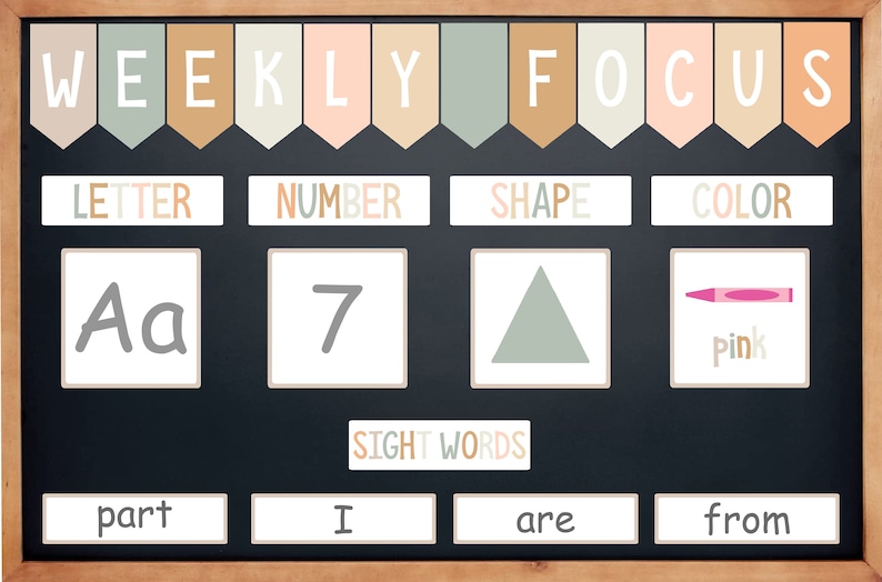 May include: A weekly focus chart with colourful flags at the top. The chart is divided into four sections: letter, number, shape, and colour. Each section has a corresponding image: the letter 'A', the number '7', a triangle, and a pink crayon. The bottom section of the chart features the words 'sight words' and four sight words: 'part', 'I', 'are', and 'from'.