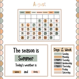 May include: A printable August calendar with a light green, light brown, and peach colour scheme. The calendar includes the days of the week and the numbers 1 through 31. Below the calendar, there is a section that says "The season is Summer" and "Today's weather is Warm and Windy". There is also a section that lists the days of the week with the words "Yesterday was", "Today is", and "Tomorrow will be" next to each day.