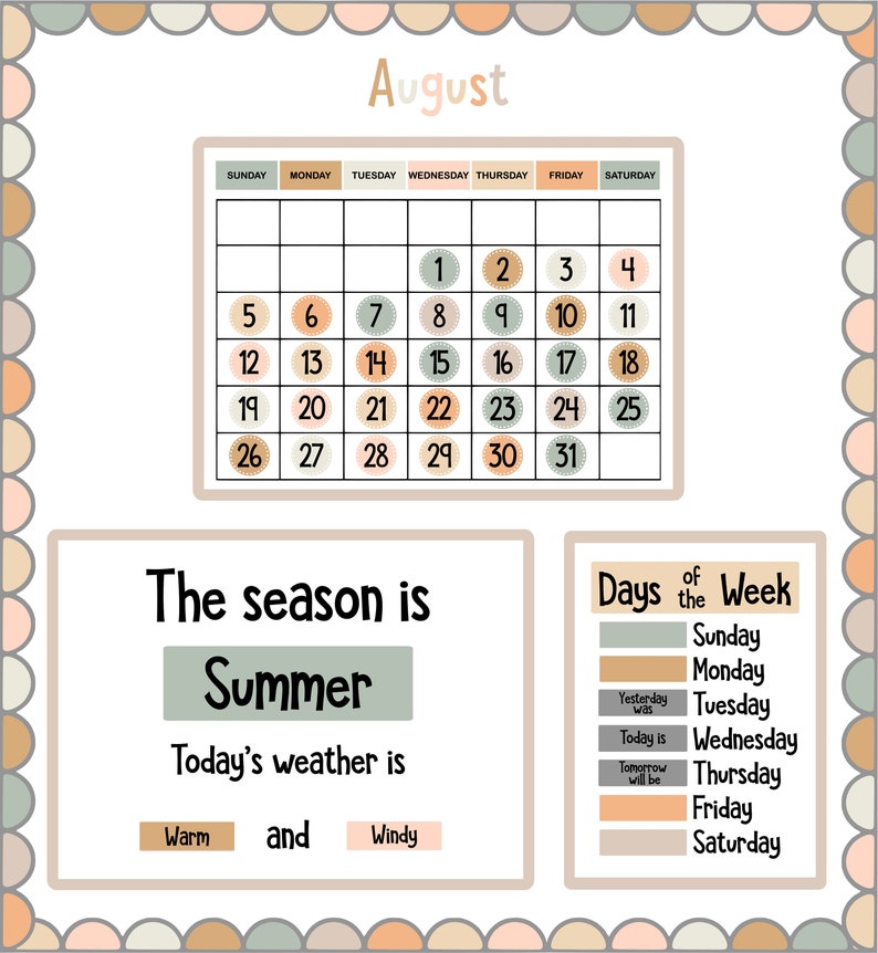 May include: A printable August calendar with a light green, light brown, and peach colour scheme. The calendar includes the days of the week and the numbers 1 through 31. Below the calendar, there is a section that says "The season is Summer" and "Today's weather is Warm and Windy". There is also a section that lists the days of the week with the words "Yesterday was", "Today is", and "Tomorrow will be" next to each day.