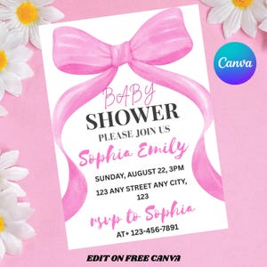 Editable Baby in Bloom Baby Shower Invitation, Pink Bow Girl Baby Shower Invite, Wildflower Baby Shower, Coquette Baby Shower,Canva Template