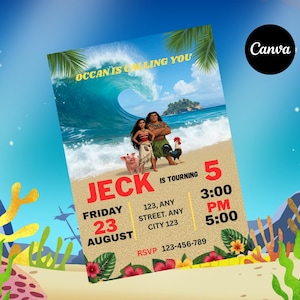 Modèle d'Invitation d'anniversaire Moana, Invitation Moana hawaïenne, fête tropicale Luau imprimable, invitation de fête d'été Moana, modèle de toile de bricolage
