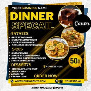 Volante de cena especial, volante de restaurante, volante de menú de restaurante, menú de cena minimalista, volante de evento, volante de fiesta, volante imprimible de Canva