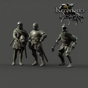 May include: Three miniature figures of medieval soldiers. The figures are in various poses, with armour, helmets, and weapons. The figures are in a neutral colour, and the background is a solid grey. The logo "Reconquer Designs" is in the upper right corner.