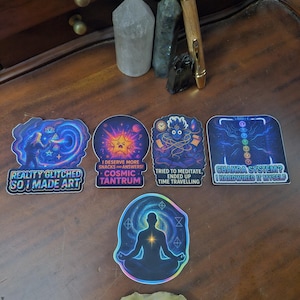 Pacchetto di adesivi Galactic Shenanigans • Pacchetto di adesivi cosmici da 5 pezzi • Adesivi spirituali divertenti • Adesivi di meditazione psichedelica