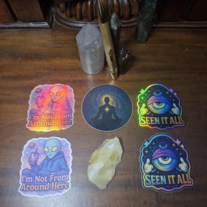 Lot d'autocollants d'énergie extraterrestre • 5 motifs cosmiques • Autocollants extraterrestres rigolos • Autocollants holographiques du troisième œil • Pack d'autocollants trippants et spirituels