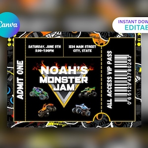 May include: A black and yellow ticket design for "Noah's Monster Jam" with the text "ADMIT ONE" and "ALL ACCESS VIP PASS". The ticket includes the date, time, and location. The design features monster truck illustrations.