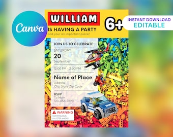 May include: A birthday party invitation with a yellow background and colorful Lego-themed graphics. The invitation includes the name "WILLIAM" in red letters, the age "6+", and event details. The text "INSTANT DOWNLOAD EDITABLE" is also present.