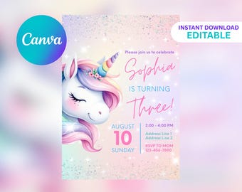 Può includere: Un invito di compleanno dai colori pastello con un'illustrazione di unicorno. L'invito recita "Sophia compie tre anni!" con i dettagli dell'evento. Il design include il logo Canva e il testo "Download istantaneo modificabile."