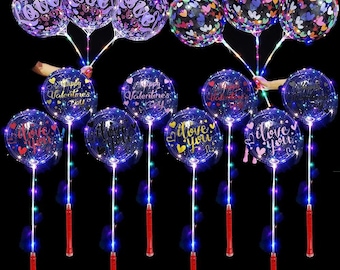 1/5/10/30Pcs LED Bobo Balloons Heart Shaped Love Balloons with Flashing Handle String Lights for Valentines Wedding Party Decor Gift for Her