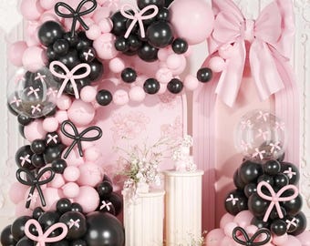 105Pcs Pink and Black Bow Balloon Arch Kit with 260 Balloons Bow Theme Birthday Bridal Shower Baby Shower Party Decorations