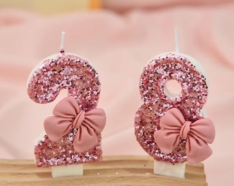 Pink Bow Color Matching Candle Creative Sequin Number Birthday Cake Candle Decoration Anniversary Party Decor Kits