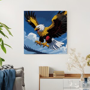 Bold Cartoon Eagle Wall Art – Dynamic Yellow Eagle Illustration, Fierce Bird of Prey Poster, Animal Artwork for Home or Office Decor