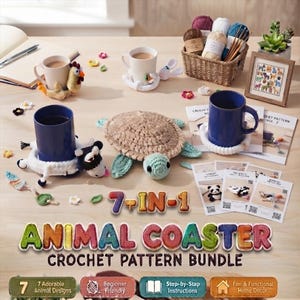 May include: A 7-in-1 animal coaster crochet pattern bundle featuring printed instruction cards, a woven basket with yarn balls, a framed animal collage, and finished crochet coasters shaped like a chicken, a cow, and a sea turtle.