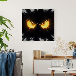 Stampa artistica "Glowing Eyes" - Decorazione murale minimalista dark, occhi da cartone animato infuocati su sfondo nero,