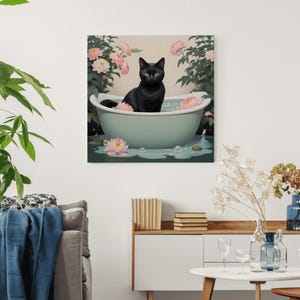 Gatto nero in una vasca da bagno - Stampa murale giapponese per il bagno, stampa relax Japandi, poster estetico minimalista con un gatto