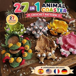 Puede incluir: Una colección de posavasos de ganchillo con formas de animales en varios colores, incluyendo verde, amarillo, rosa, gris y beige. Los posavasos presentan caras de animales. El texto en la imagen dice 27 IN 1 ANIMAL COASTER CROCHET PATTERN.