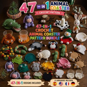 May include: A collection of 47 crochet animal coasters and patterns, including figures like a green alligator, a purple donkey, a white cow, a snowman, a penguin, a snake, and various other creatures, displayed as a bundle of craft designs.
