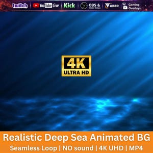 Könnte beinhalten: Ein animierter Hintergrund der Tiefsee mit blauen Lichtstrahlen, die durch das Wasser dringen. In der Mitte befindet sich ein goldenes 4K ULTRA HD-Abzeichen. Die obere Leiste zeigt Logos von Twitch, YouTube Live, Kick, OBS & Vuber und Gaming Overlays.