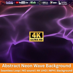 Puede incluir: Un fondo digital abstracto con ondas de neón moradas fluidas y un emblema dorado 4K Ultra HD en el centro. La barra superior muestra logotipos de Twitch, YouTube Live, Kick, OBS, Vuber y Gaming Overlays. El texto inferior dice Abstract Neon Wave Background.