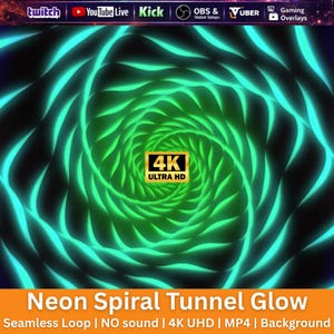 May include: A neon green and blue spiral tunnel design with the text "4K ULTRA HD" in a gold box. The image also includes the text "Neon Spiral Tunnel Glow" and various streaming platform logos.