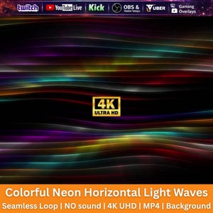 Op de afbeelding: Een digitale achtergrond met horizontale neonlichtgolven in tinten rood, blauw en geel tegen een zwarte achtergrond. De afbeelding toont de tekst 4K ULTRA HD in een gouden kader, samen met logo's voor Twitch, YouTube Live, Kick, OBS en Vuber.