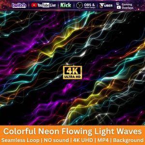 May include: A digital background featuring colourful neon flowing light waves in purple, yellow, and cyan against a black backdrop. The image includes a central 4K ULTRA HD badge and top text labels for Twitch, YouTube Live, Kick, OBS, Vuber, and Gaming Overlays.