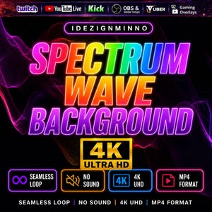 May include: A digital graphic featuring the words "SPECTRUM WAVE BACKGROUND" in bright colours. The design includes "4K ULTRA HD" text and icons for "SEAMLESS LOOP", "NO SOUND", "4K UHD", and "MP4 FORMAT". The background has colourful wave patterns.