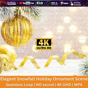 Luxury Gold 4K Animated Background Loop | Elegant Snowfall Holiday Ornament Scene | Seamless Winter Motion