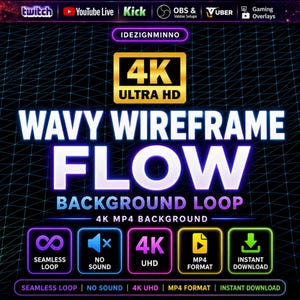 May include: A digital graphic with the text "WAVY WIREFRAME FLOW BACKGROUND LOOP" in white and purple, with a black and blue grid background. The graphic also includes the text "4K ULTRA HD" and icons for "SEAMLESS LOOP", "NO SOUND", "4K UHD", "MP4 FORMAT", and "INSTANT DOWNLOAD".