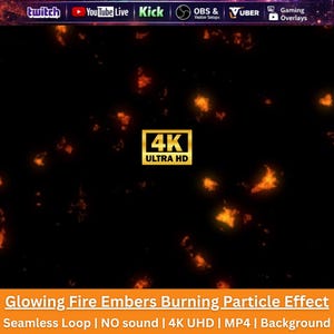 May include: A digital background featuring glowing orange fire embers and burning particles against a black backdrop. The image displays a gold 4K ULTRA HD badge in the center and a top banner with logos for Twitch, YouTube Live, Kick, OBS, and Vuber.